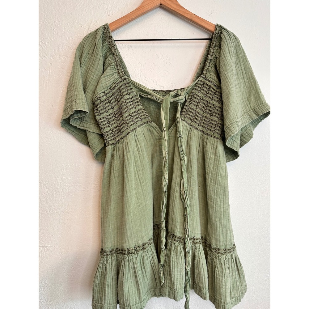 Free People Easy To Love Minidress Still Pond Green Smocked Cotton Gauze Small - Picture 4 of 5